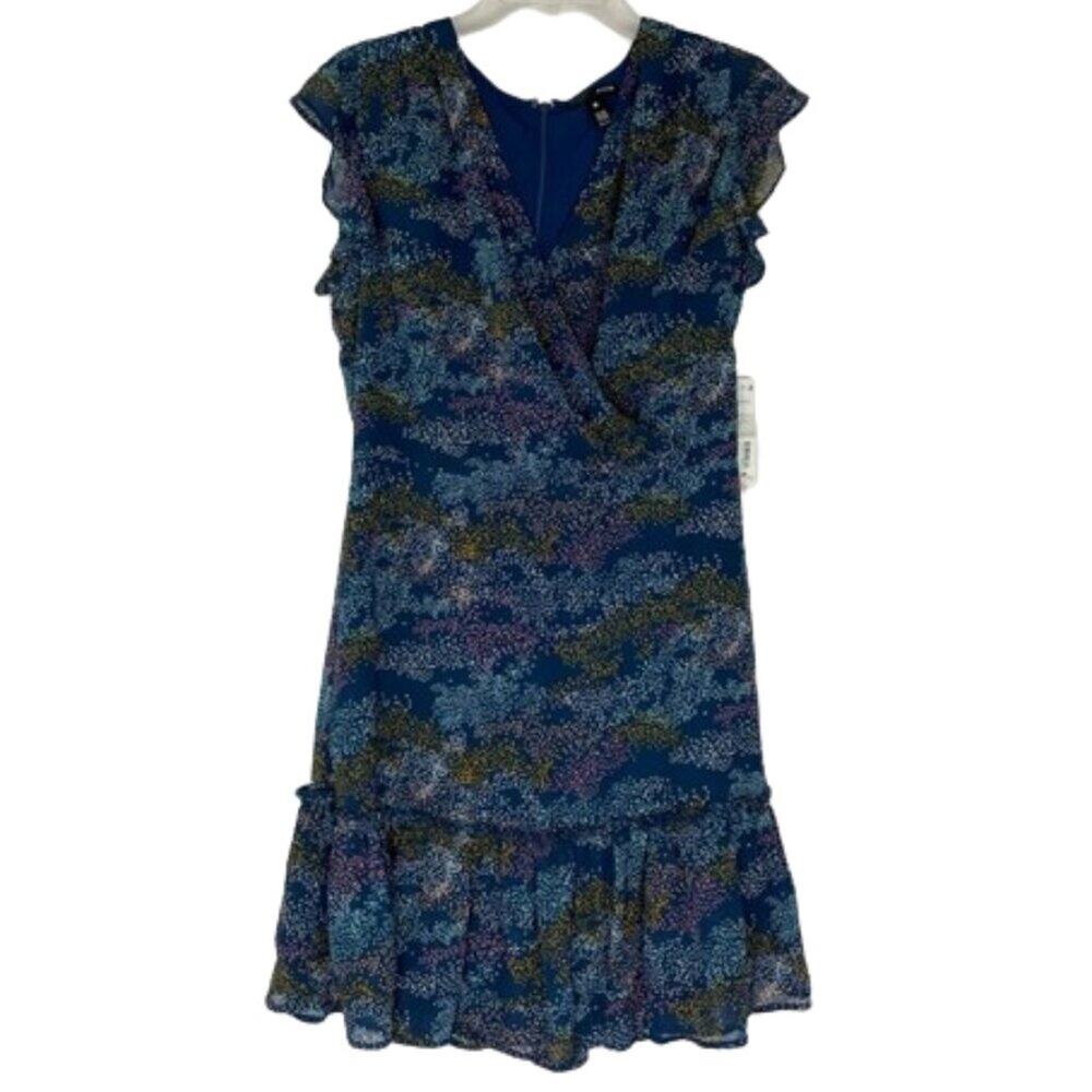 Aqua Blue Confetti Ruffled V-neck Mini Dress women's size Large